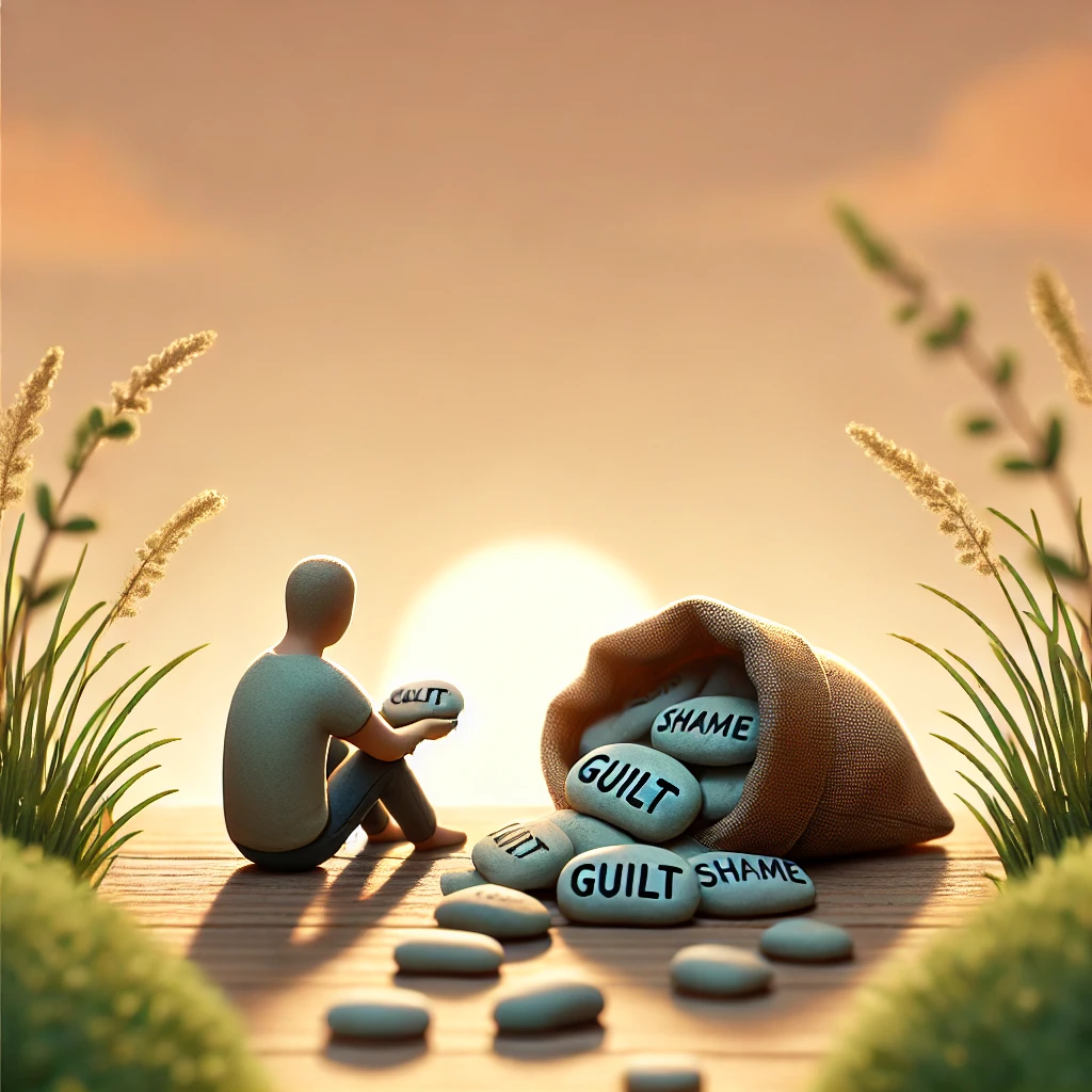 DALL·E 2025-01-23 16.25.43 – A simple and natural representation of a person sitting on a quiet hill, unpacking small stones from a sack. The stones have faint words like ‘guilt’